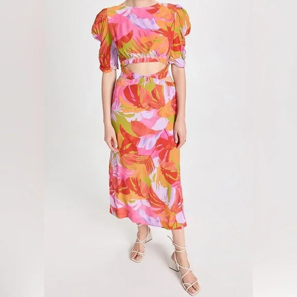 knee length dresses for ladies Pink Leaves Maxi Dress – FARM Rio main image 1